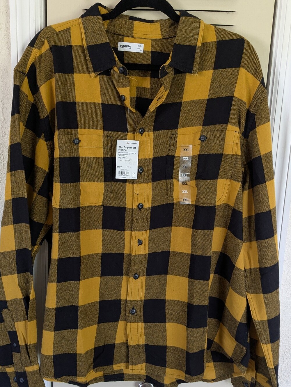 New Men's Sonoma XXL Super Soft Flannel Shirt, Long Sleeve Gold And Black Plaid